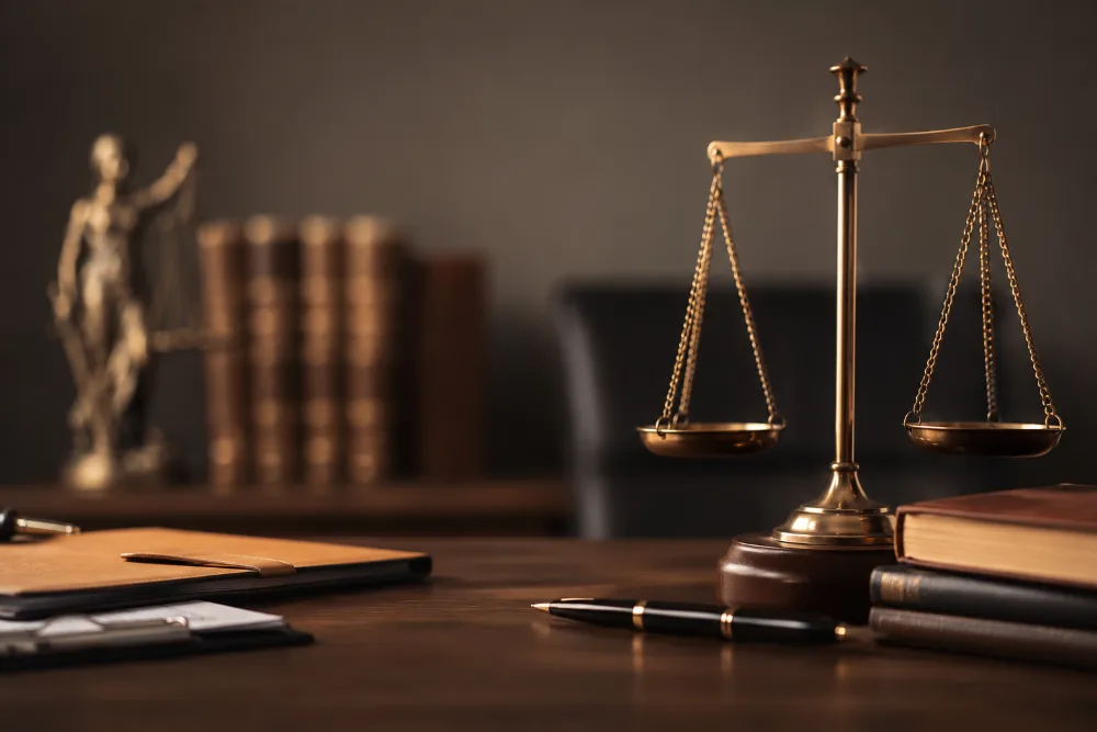 Balança da justiça sobre mesa de escritório de advocacia, com livros de direito ao fundo